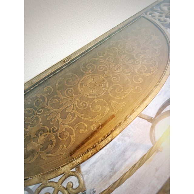Vintage Hollywood Regency Italianate Glass Console Table With Ornate Gilt Iron Base For Sale In Panama City, FL - Image 6 of 10