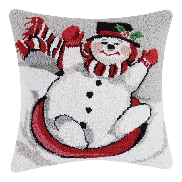 Sledding Snowman Hook Pillow 16" x 16" For Sale