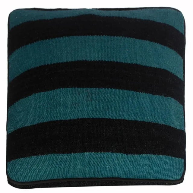 Shabby Chic Arshs Deedra Teal/Black Kilim Upholstered Handmade Ottoman For Sale In New York - Image 6 of 8