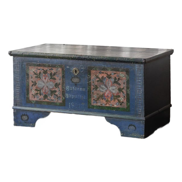 Antique Hand Painted Chest in Blue With Floral Motifs For Sale