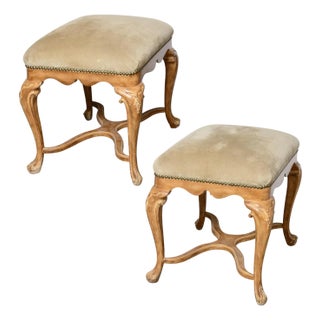 Pair Louis XV Style Ottomans, Natural Suede Upholstery For Sale