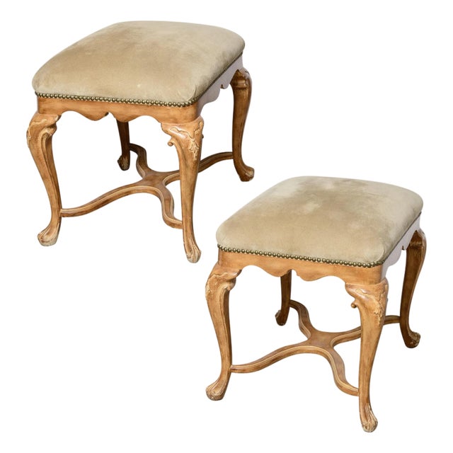 Pair Louis XV Style Ottomans, Natural Suede Upholstery For Sale