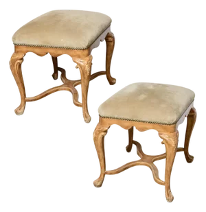 Pair Louis XV Style Ottomans, Natural Suede Upholstery