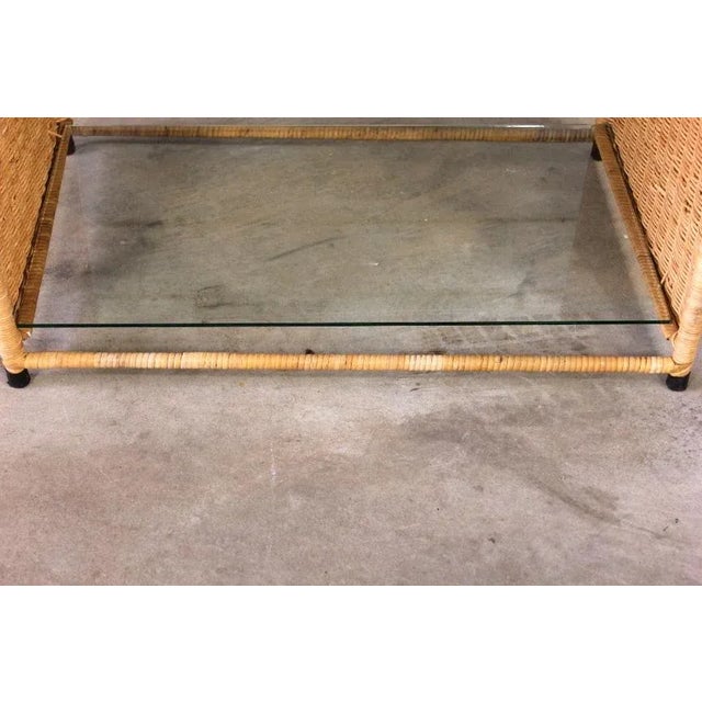 1970s Vintage Bohemian Wicker Glass Rectangle Shelf Etagere For Sale - Image 5 of 11