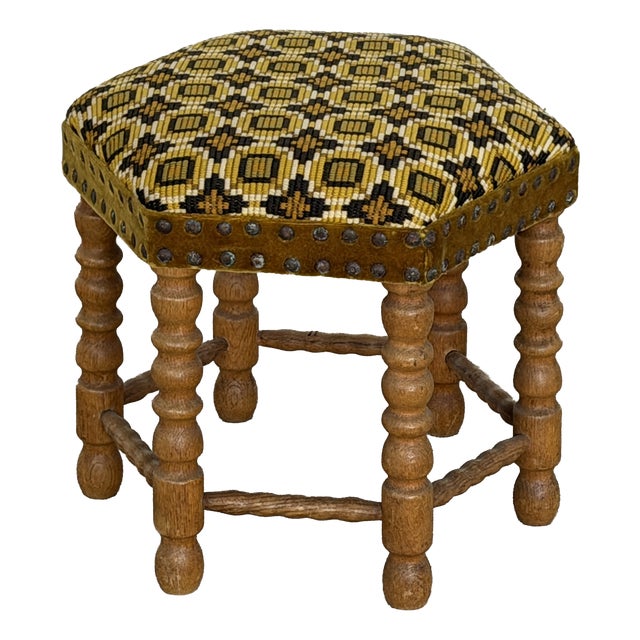 Vintage Scandinavian Oak Bobbin-Turned Stool, 1950s For Sale
