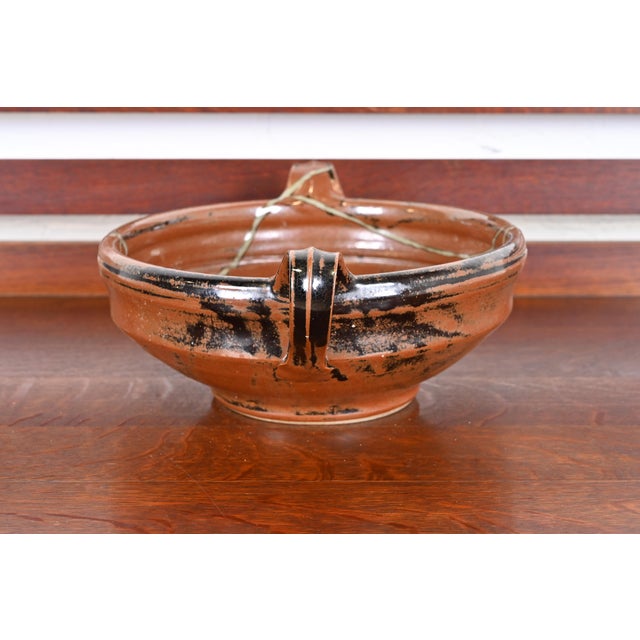 Large Painted Glazed Ceramic Studio Pottery Bowl With Handles From