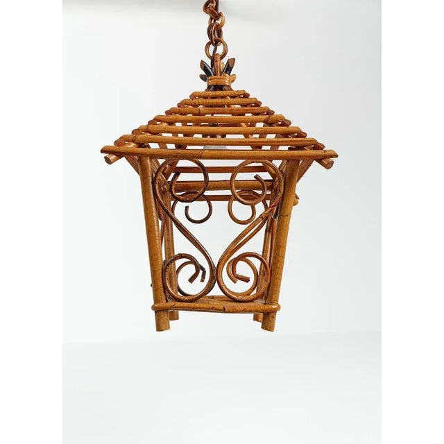 Mid-Century Hand-Crafted Bamboo Cane and Rattan Lantern Pendant, 1960s For Sale - Image 4 of 18
