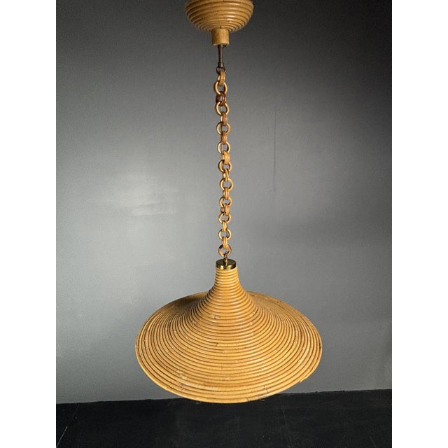 Khaki Mid-Century Modern Italian Witch Hat Pencil Reed Rattan Bamboo and Brass Pendant Lamp, 1970s For Sale - Image 8 of 12