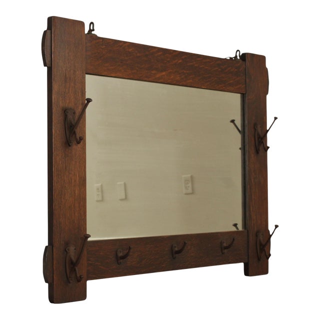 Stickley Brothers Antique Mission Oak Wall Mirror With Hooks No. 7577 For Sale