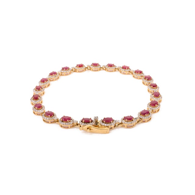 Metal 3.71 CTW Ruby Halo Diamond Modern Tennis Bracelet in 14k Yellow Gold For Sale - Image 7 of 14