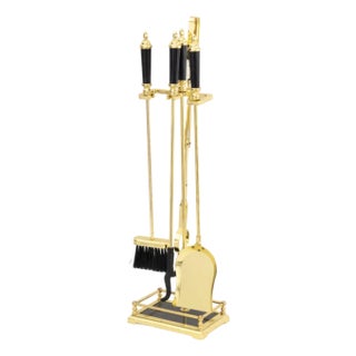 Modern Brass and Black Marble Fireplace Tool Set For Sale