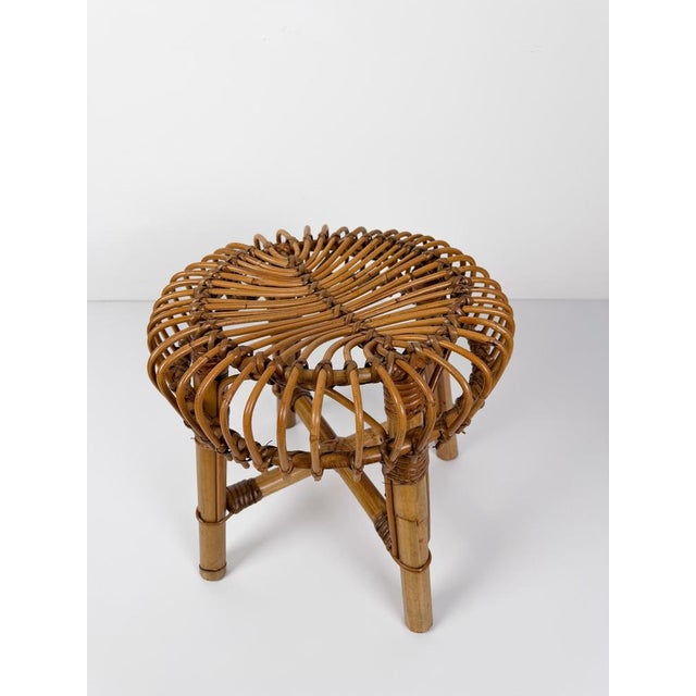 Mid-Century Italian Handcrafted Cane Bamboo & Rattan Stool in the style of Albini for Tito Agnoli, 1960s For Sale - Image 11 of 18