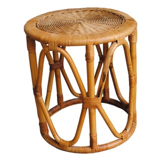 Mid Century Small Round Drum Bamboo Wicker Top Accent Table For Sale
