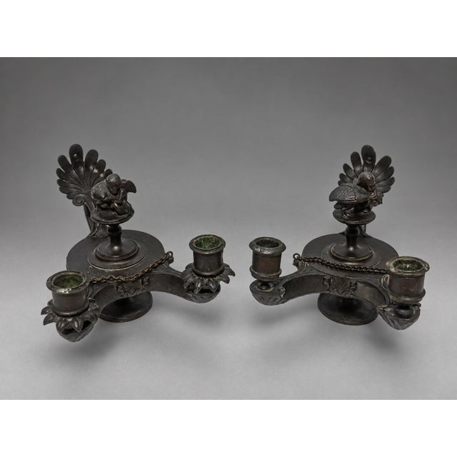 Pair of Grand Tour Bronze Two-Light Candlesticks in Roman Oil-Lamp Form For Sale In Providence - Image 6 of 11