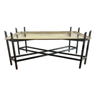 Antique Brass Tray Table on Black Chinoiserie Base, 20th Century For Sale