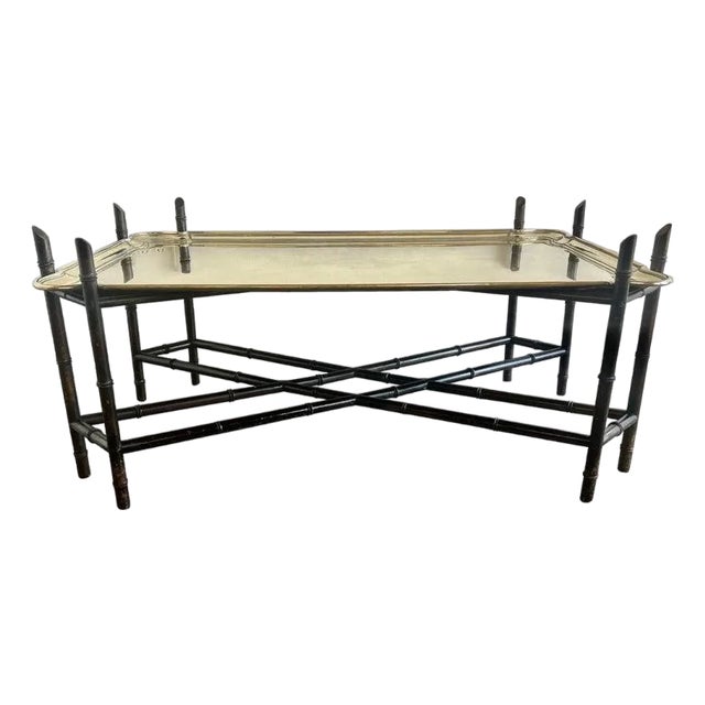 Antique Brass Tray Table on Black Chinoiserie Base, 20th Century For Sale