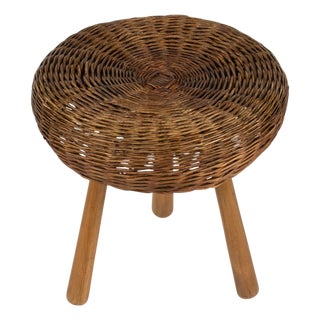Mid-Century Modern Wicker and Wood Tripod Stool by Tony Paul, 1950s For Sale