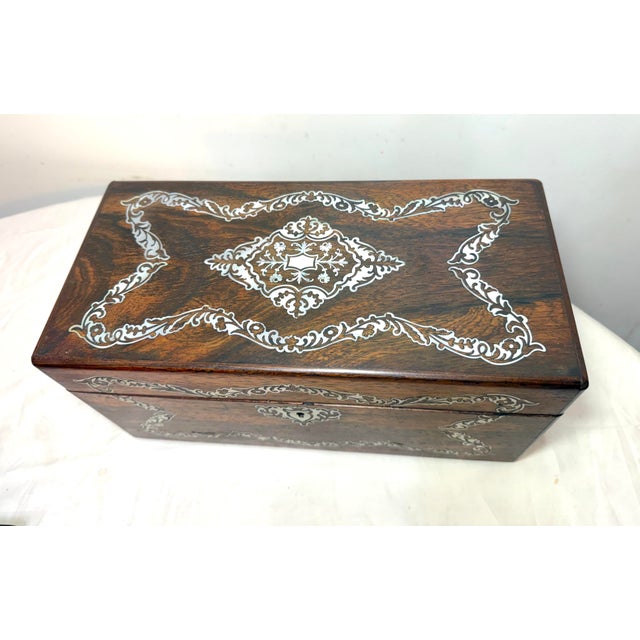 Antique 1800's English Inlaid Mother of Pearl Rosewood Wood Dual Tea Caddy Box For Sale - Image 4 of 18