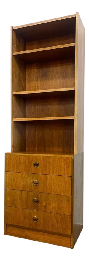 Vintage Mid Century Modern Bookshelf Cabinet With 4 Drawers
