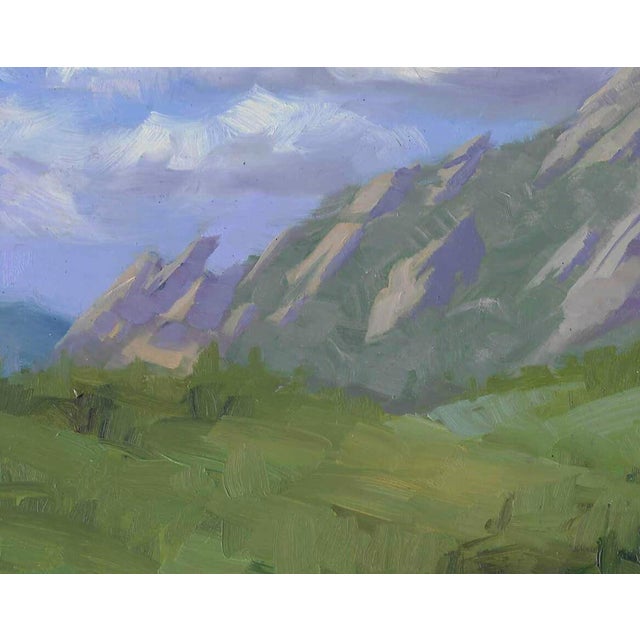 Flatirons by Kirsten Savage | Oil on panel Painting of rocky mountains under a blue sky For Sale - Image 4 of 5