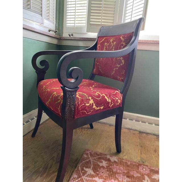Art Deco Vintage Wood-Framed Accent Chair in Red & Gold Paisley For Sale - Image 3 of 9