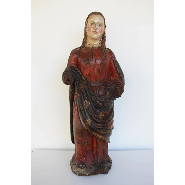 16th Century Indo-Portuguese Saint Barbara, Hand Carved Polychrome Wooden Statue For Sale - Image 13 of 13