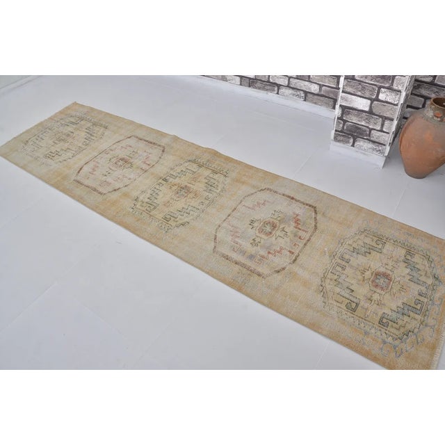 Turkish Vintage Anatolian Wool Runner, Light Beige Field With Subtle Tonal Medallions For Sale - Image 3 of 10