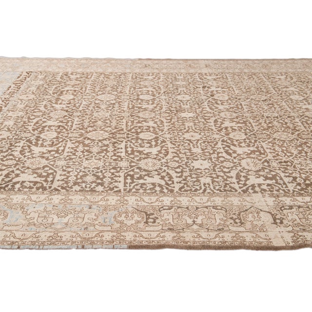 Antique Malayer Handmade Brown and Beige Floral Wool Rug For Sale In New York - Image 6 of 11