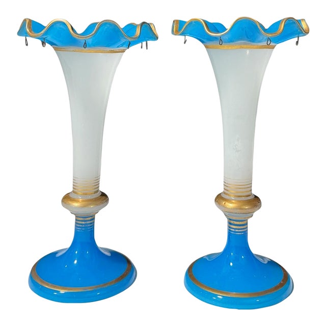 French Blue and White Opaline Glass Vases, Pair For Sale