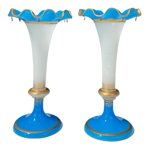 French Blue and White Opaline Glass Vases, Pair