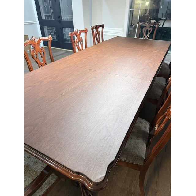 Wood Chippendale Mahogany Dining Set – Table, 8 Carved Chairs & Extension Leaves For Sale - Image 7 of 11