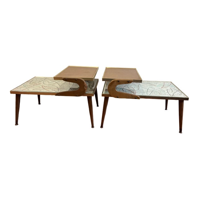 Pair of 1950s Atomic Mosaic Step-End Side Tables – Collector Set For Sale