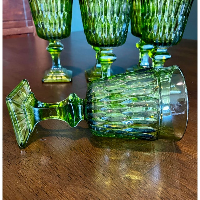 1960s Mid-Century Modern Avocado Green Diamond Point Goblets – Elegant Set of 6 For Sale - Image 12 of 14