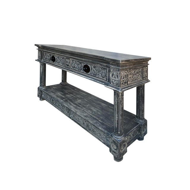 Distressed Black Gray Relief Floral Motif Tall Credenza Console Cabinet For Sale - Image 4 of 9