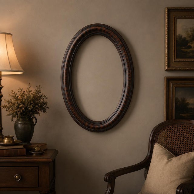 English 1930 Oval Wood Picture Frame Surround 24" Faux Tortoise Shell, Old World Portrait Display For Sale - Image 3 of 13