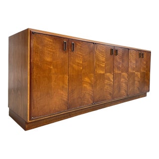 Long + Magnificent Mid Century Modern Walnut Credenza / Media Stand / Sideboard by Founders For Sale