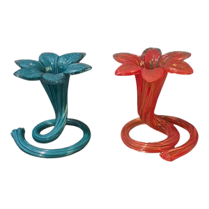 Vintage Italy Pair Blue & Red Art Glass Ruffled Flower Top Spiral Base Bud Vases