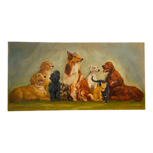 Eileen Ward Dogs Cats Gathering Signed Oil on Canvas