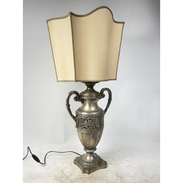Metal Antique Brass Table Lamp with Silk Shade, 1890s For Sale - Image 7 of 18