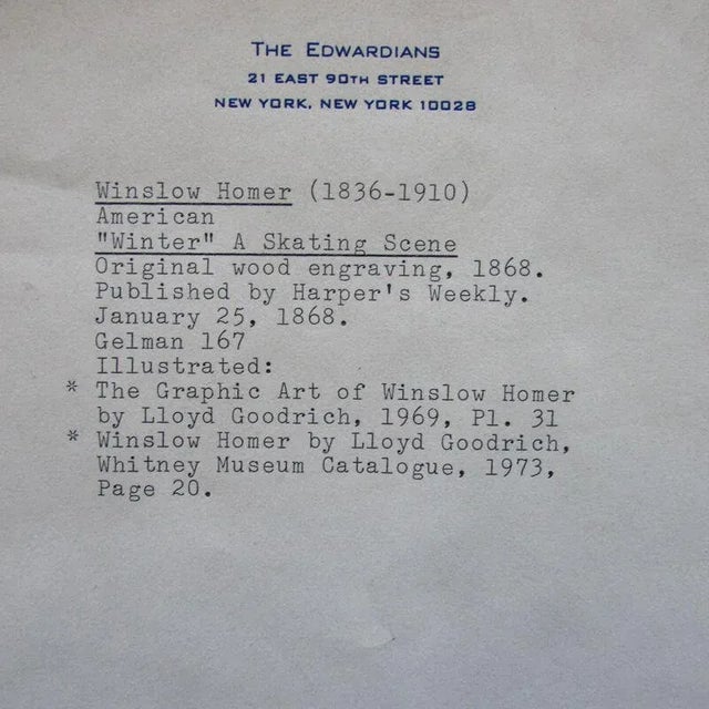 Mid 19th Century Antique Harper's Weekly Winslow Homer Winter a Skating Scene 1868 Wood Engraving For Sale - Image 5 of 11