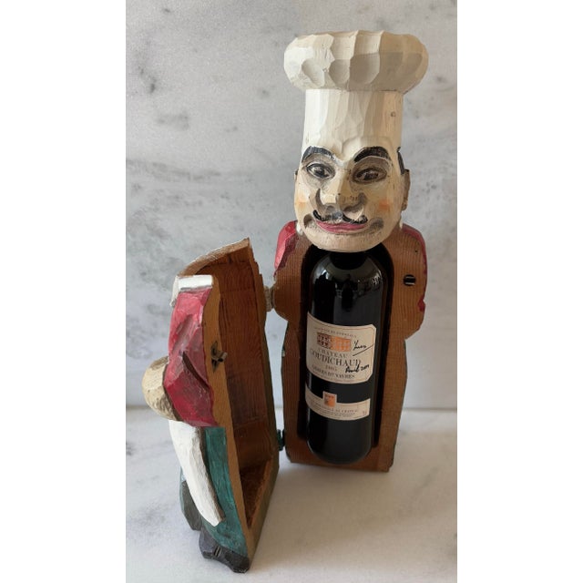 Vintage hand carved wooden folk art wine bottle holder in the shape of an Italian chef. Fun host gift or bar display....