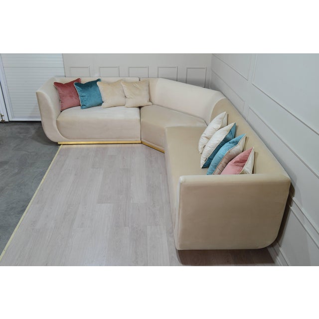 Cream L-Shaped Sectional Sofa with Gold Base and Velvet Cushions from Kabinet For Sale - Image 6 of 11