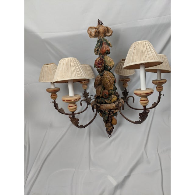 Vintage Italianate Polychrome Carved Wood Fruit & Iron 6-Light Chandelier For Sale - Image 9 of 15