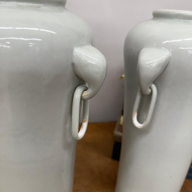 Rustic Tall White Ceramic Vases with Elephant Head Handles - A Pair For Sale - Image 3 of 13