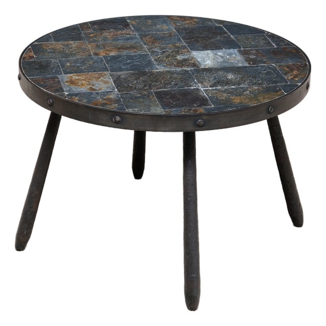 French Brutalist Round Side Table in Wrought Iron and Slate, 1970s For Sale