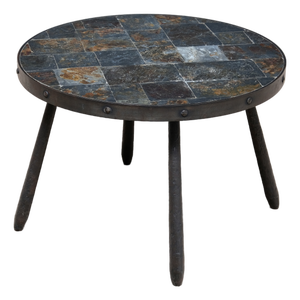 French Brutalist Round Side Table in Wrought Iron and Slate, 1970s