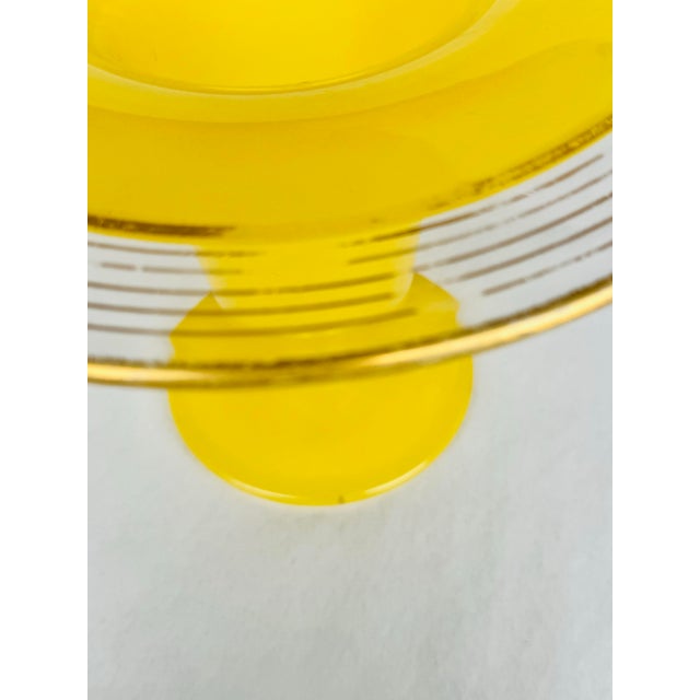 Vintage Bohemian Czech Handblown Yellow Glass Vase With Painted Gold Rings and Wide Rim – Mid-Century Gilded Art Glass Centerpiece For Sale - Image 11 of 11