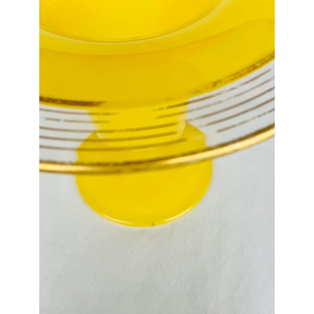 Vintage Bohemian Czech Tango Handblown Yellow Glass Vase With Painted Gold Rings and Wide Rim – Mid-Century Gilded Art Glass Centerpiece For Sale - Image 11 of 11