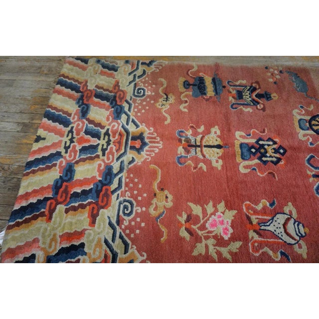 Chinese 1920s Salmon Eight Auspicious Symbols Antique Chinese Ningxia Pillar Carpet 3'7'' X 8'10'' Knotted Wool Rug For Sale - Image 3 of 8