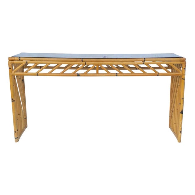 Very rare & unique original natural bamboo sculpted console or entryway table with smoked glass top